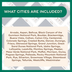 Colorado adventure bucket list guide cards by Reach International Outfitters listing included cities.
