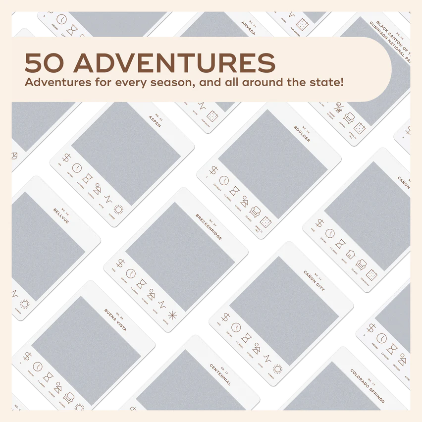 Colorado adventure bucket list guide cards by Reach International Outfitters featuring titles like Aspen and Boulder over a black and white chevron pattern.
