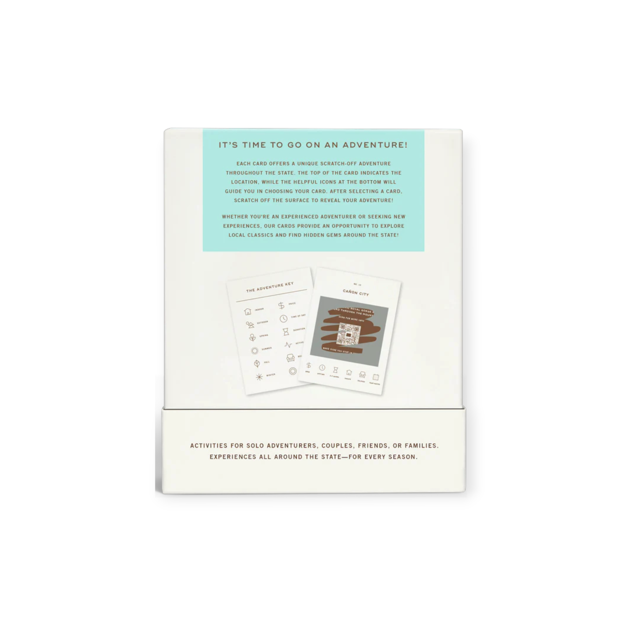 Colorado adventure bucket list guide cards by Reach International Outfitters with the adventure key visible.