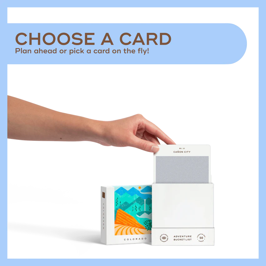 Adventure Bucket List Guide Cards by Reach International Outfitters, with an image of a Colorado landscape.