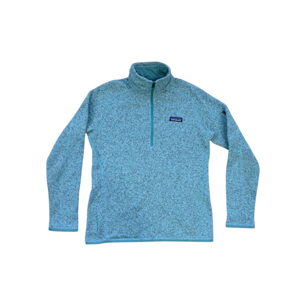 Teal quarter-zip fleece sweater by Patagonia with a heathered knit texture and long sleeves.