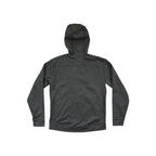 Gray long-sleeve hoodie by Simms, with a full zipper and attached hood, shown from the back.