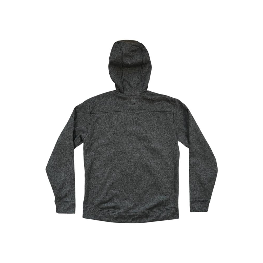 Gray long-sleeve hoodie by Simms, with a full zipper and attached hood, shown from the back.