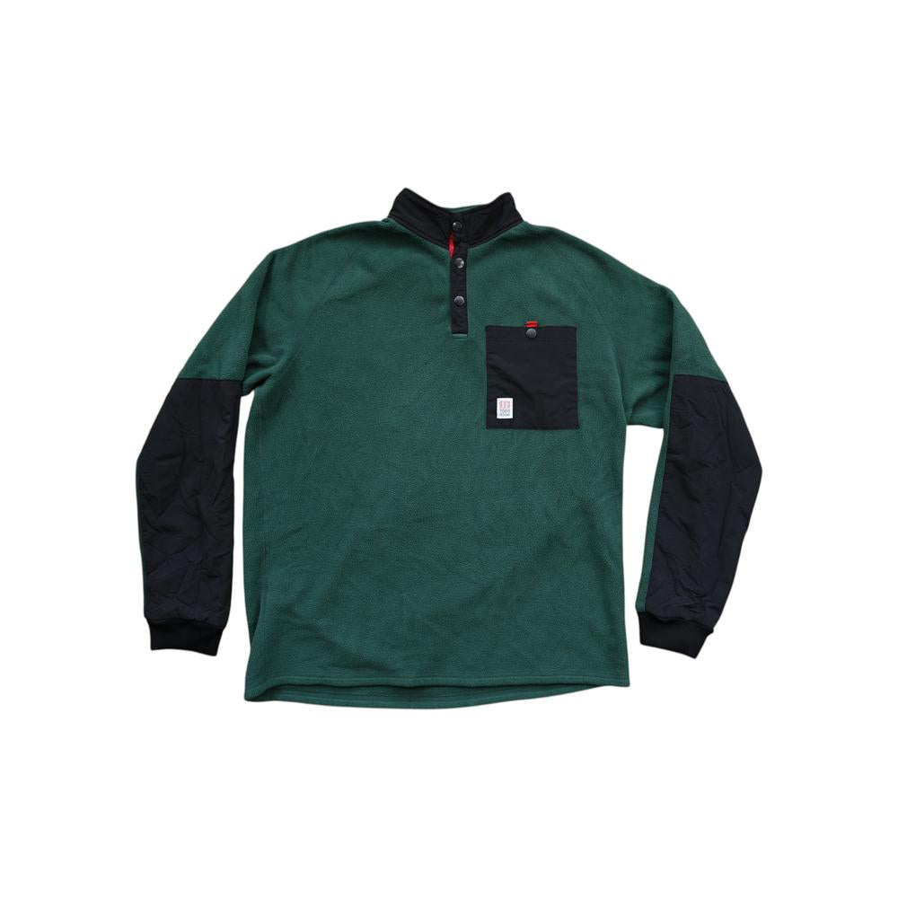 Green and black fleece pullover by Topo Designs with a chest pocket and buttoned collar.