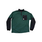 Green and black fleece pullover by Topo Designs with a chest pocket and buttoned collar.