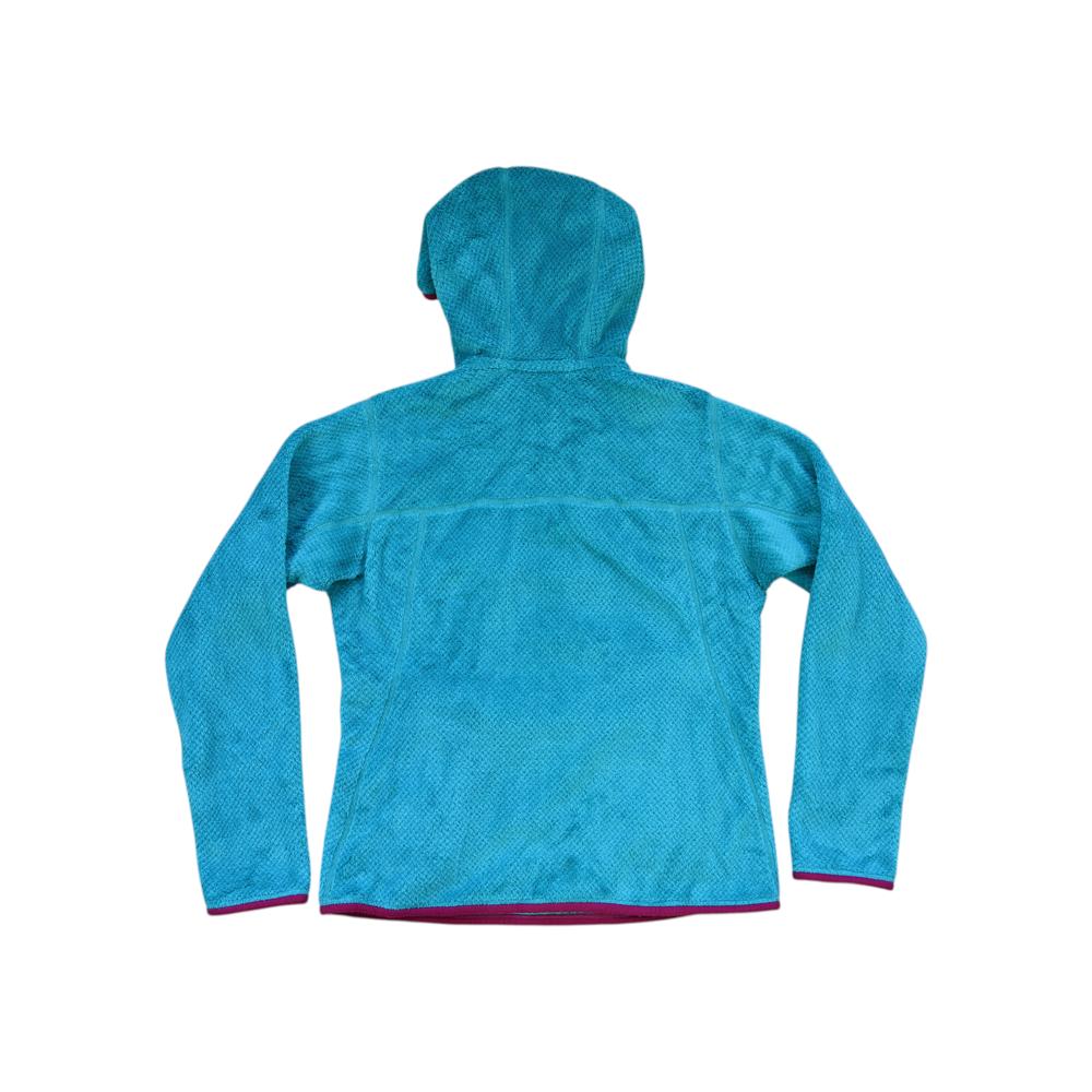 Teal fleece hoody by Patagonia, featuring a diamond pattern, long sleeves and magenta trim, back view.
