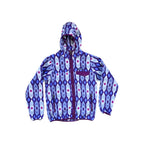 Purple hooded fleece jacket by Patagonia, featuring a patterned design with a quarter-zip closure and kangaroo pocket.
