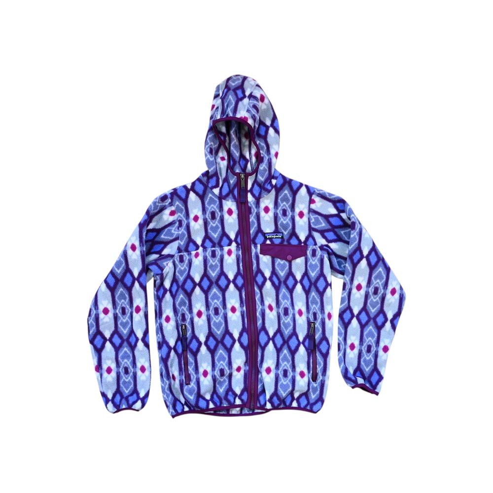 Purple hooded fleece jacket by Patagonia, featuring a patterned design with a quarter-zip closure and kangaroo pocket.