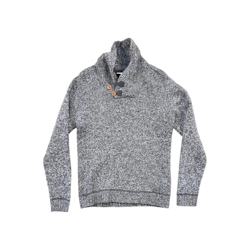Gray knitted sweater by Fjallraven with a buttoned shawl collar and ribbed cuffs.
