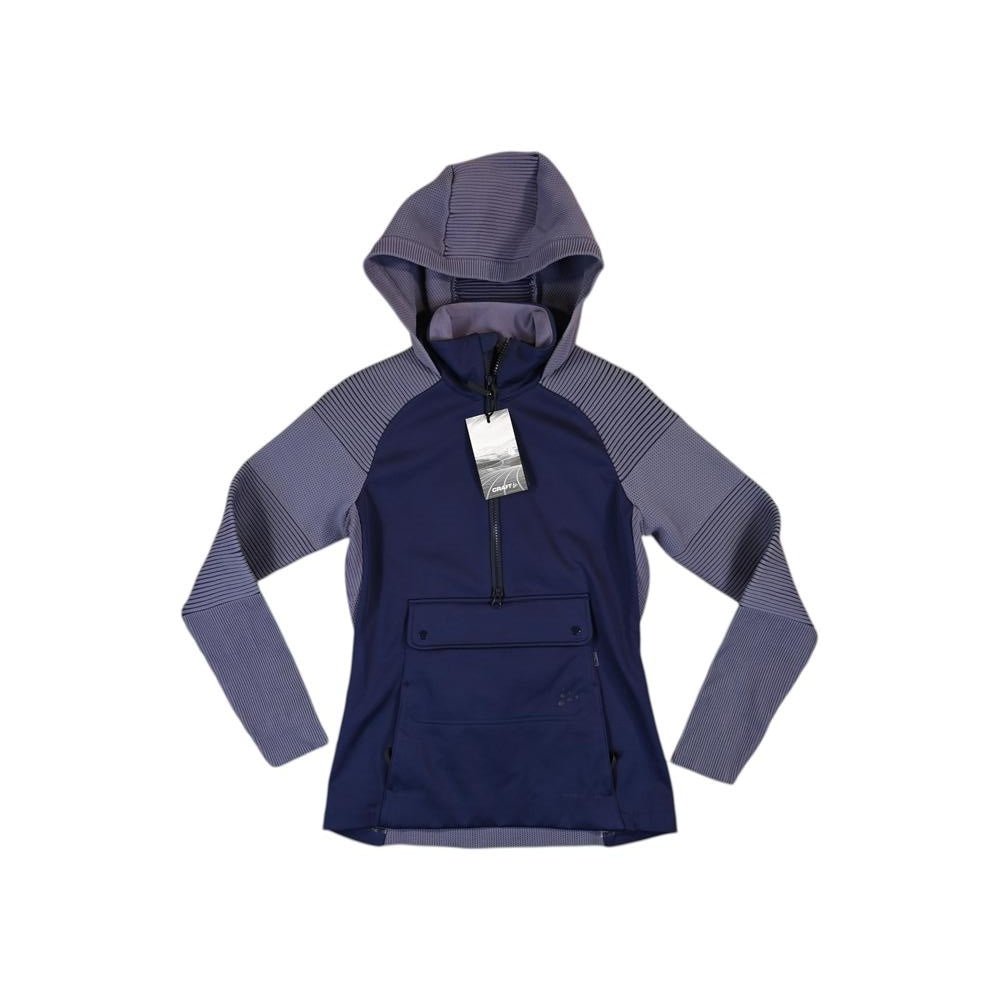 Purple fleece anorak jacket by Craft, featuring horizontal stripes on the sleeves and a kangaroo pocket.