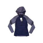 Purple fleece anorak jacket by Craft, featuring horizontal stripes on the sleeves and a kangaroo pocket.