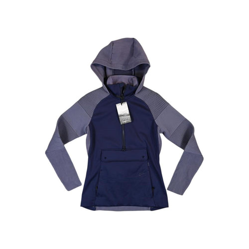 Purple fleece anorak jacket by Craft, featuring horizontal stripes on the sleeves and a kangaroo pocket.