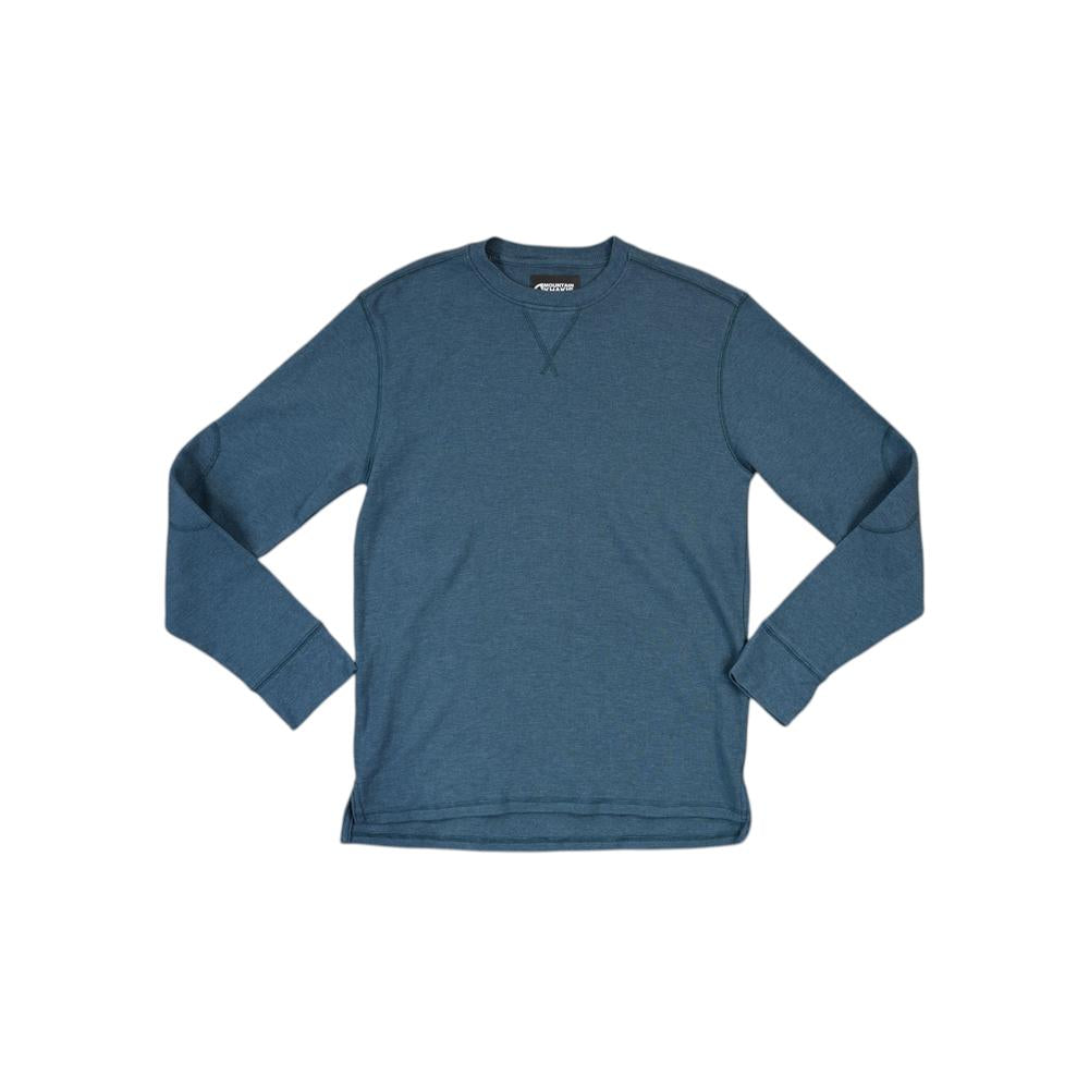 Blue long sleeve thermal shirt by Mountain Khakis, with waffle texture and crew neck.