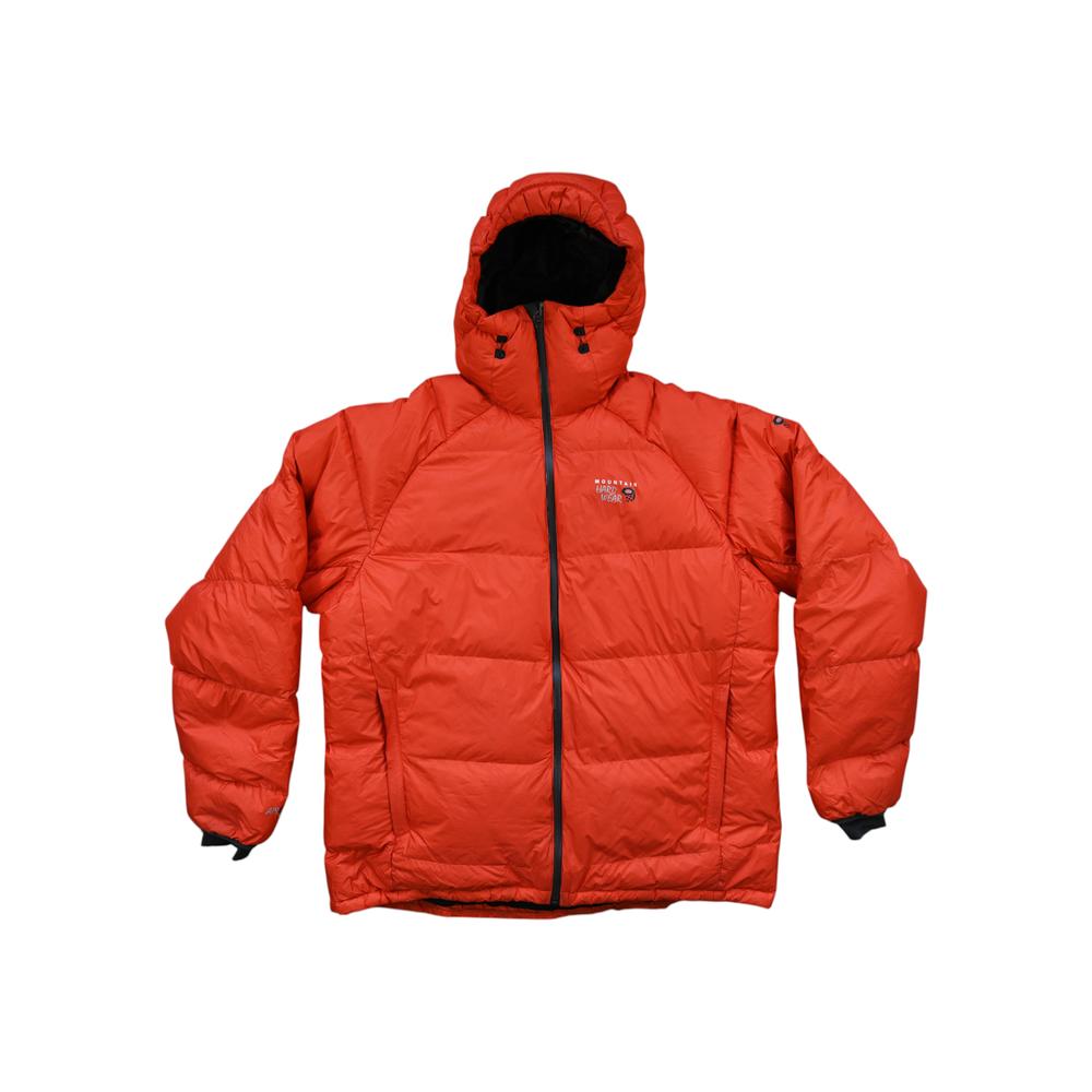 Orange down insulated jacket by Mountain Hardwear, with a hood and black zipper.