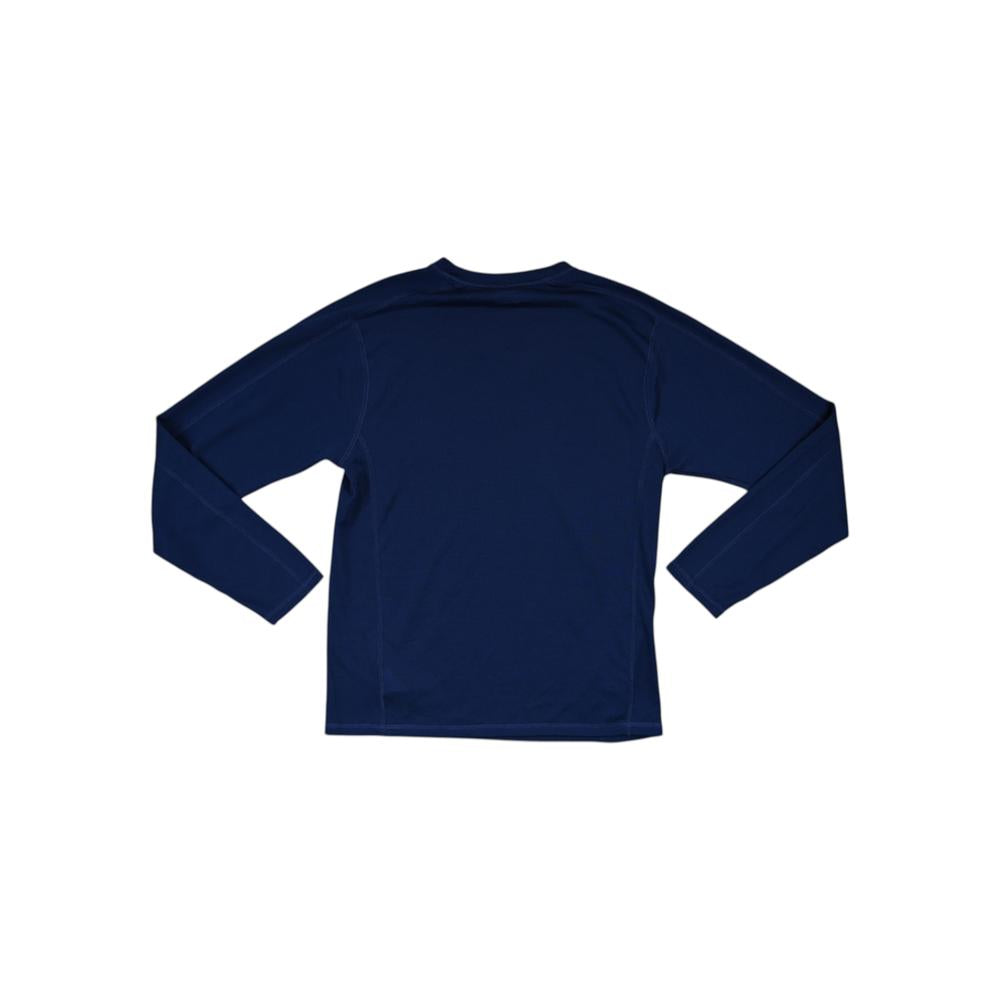 Blue midweight baselayer shirt by Marmot, presented from the back with long sleeves.