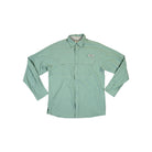 Green long sleeve fishing shirt by Columbia, featuring button closures and chest pockets.