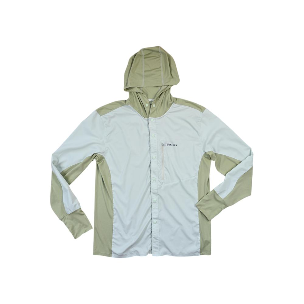Green long sleeve hooded shirt by Simms, featuring button closure, front pocket, and contrasting side panels.
