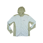 Green long sleeve hooded shirt by Simms, featuring button closure, front pocket, and contrasting side panels.