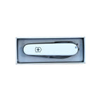 White Swiss Army multi-tool by Victorinox in a box with a silver keyring.
