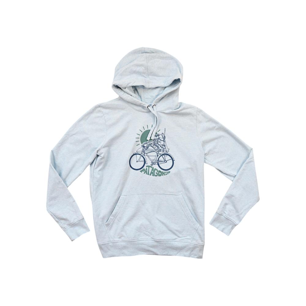 Light blue hoodie by Patagonia featuring a cyclist skeleton graphic on the front.