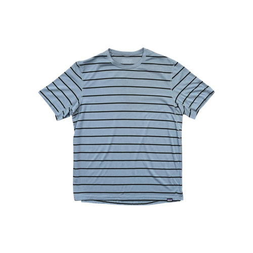 Blue and black striped t-shirt by Patagonia with a crew neck and short sleeves.