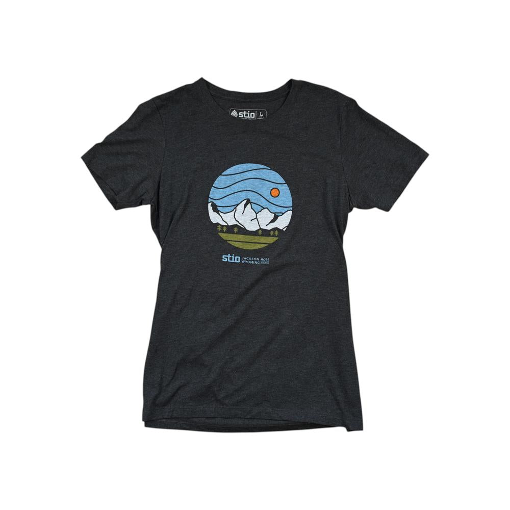 Gray graphic tee shirt by Stio, featuring a circular mountain and sun graphic.