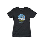 Gray graphic tee shirt by Stio, featuring a circular mountain and sun graphic.