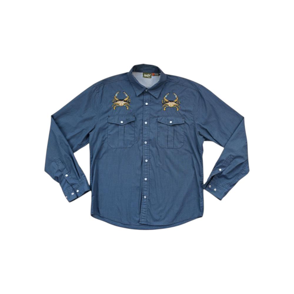 Blue long sleeve shirt by Howler Bros, featuring embroidered crab designs above the chest pockets.