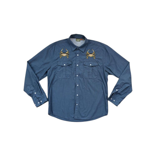 Blue long sleeve shirt by Howler Bros, featuring embroidered crab designs above the chest pockets.