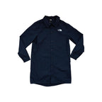 Blue softshell jacket by The North Face with a button-down front and the brand logo on the chest.