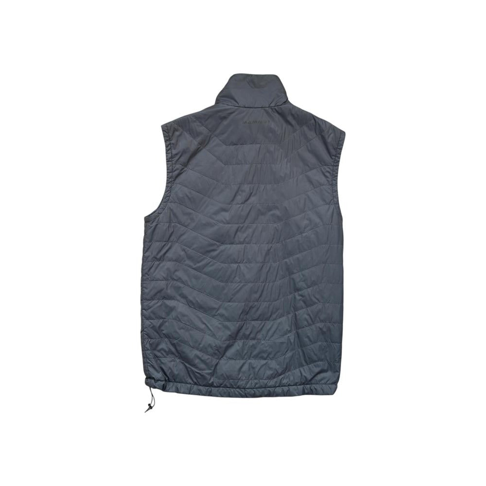 Grey synthetic insulated vest by Mammut with a quilted pattern, and drawstring at the bottom.