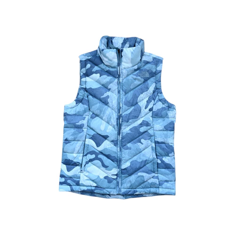 Blue camouflage down vest by The North Face with quilted construction and a stand collar.