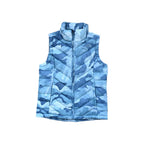 Blue camouflage down vest by The North Face with quilted construction and a stand collar.
