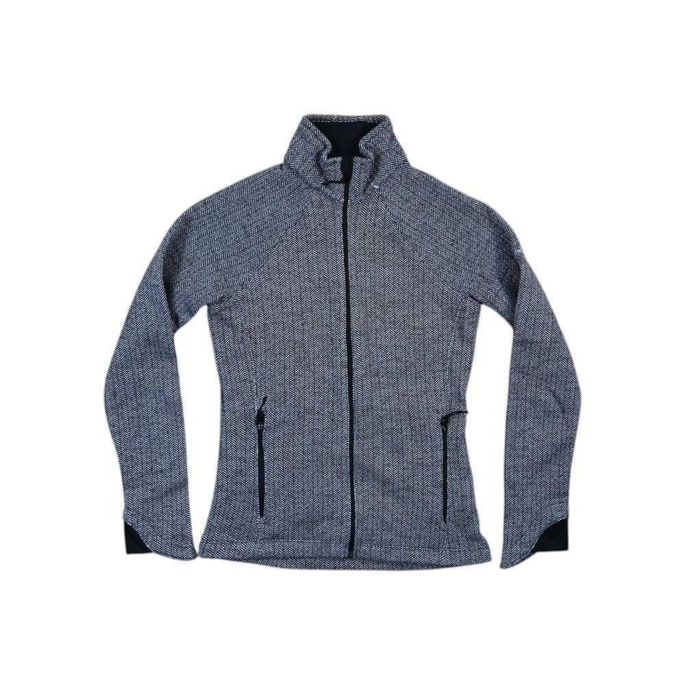 Grey and black herringbone fleece jacket by Columbia with full-zip closure and side pockets.