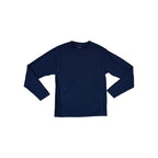 Blue long sleeve baselayer shirt by Marmot, laying flat.