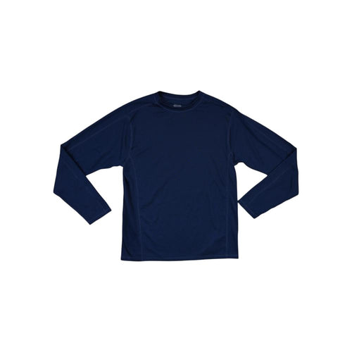 Blue long sleeve baselayer shirt by Marmot, laying flat.
