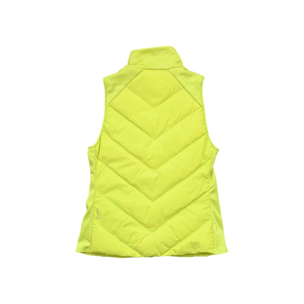 Yellow sleeveless puffer vest by Athleta, featuring a quilted chevron pattern and stand collar.