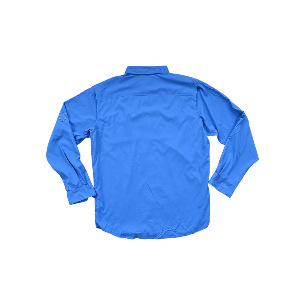 Blue long sleeve shirt by Columbia, shown in back view, with a pointed collar.