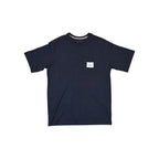 Navy t-shirt for men by Patagonia, featuring a small, square graphic on the chest pocket.