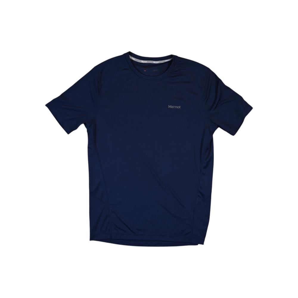 Blue active shirt by Marmot, with short sleeves and a simple crew neck.