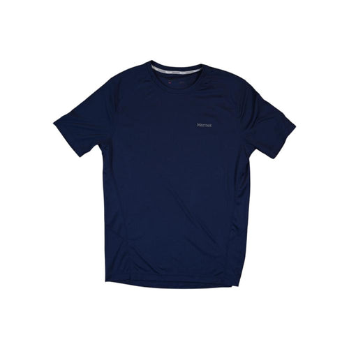 Blue active shirt by Marmot, with short sleeves and a simple crew neck.