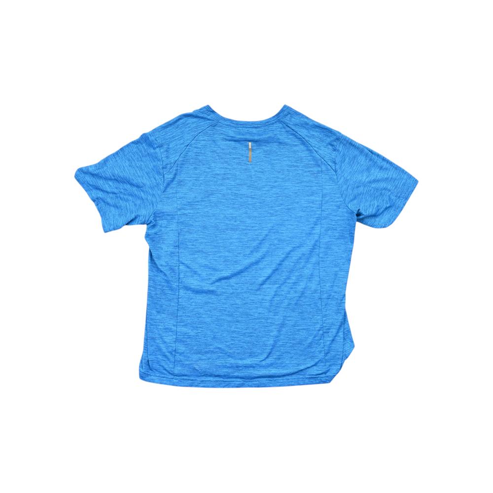Blue active shirt for men by REI, with a heathered pattern and a reflective detail on the back.