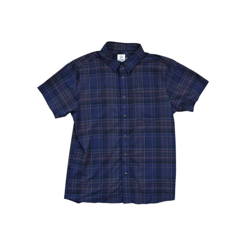 Blue and purple plaid short-sleeve shirt by Flylow, featuring a button-down closure and chest pocket.