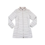 Cream insulated parka by Patagonia with a zippered closure and quilted pattern.