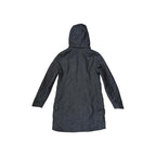 Gray insulated trench jacket by North Face, shown from the back with a hood and long sleeves.