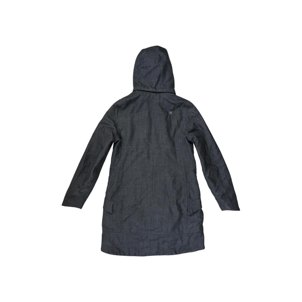 Gray insulated trench jacket by North Face, shown from the back with a hood and long sleeves.