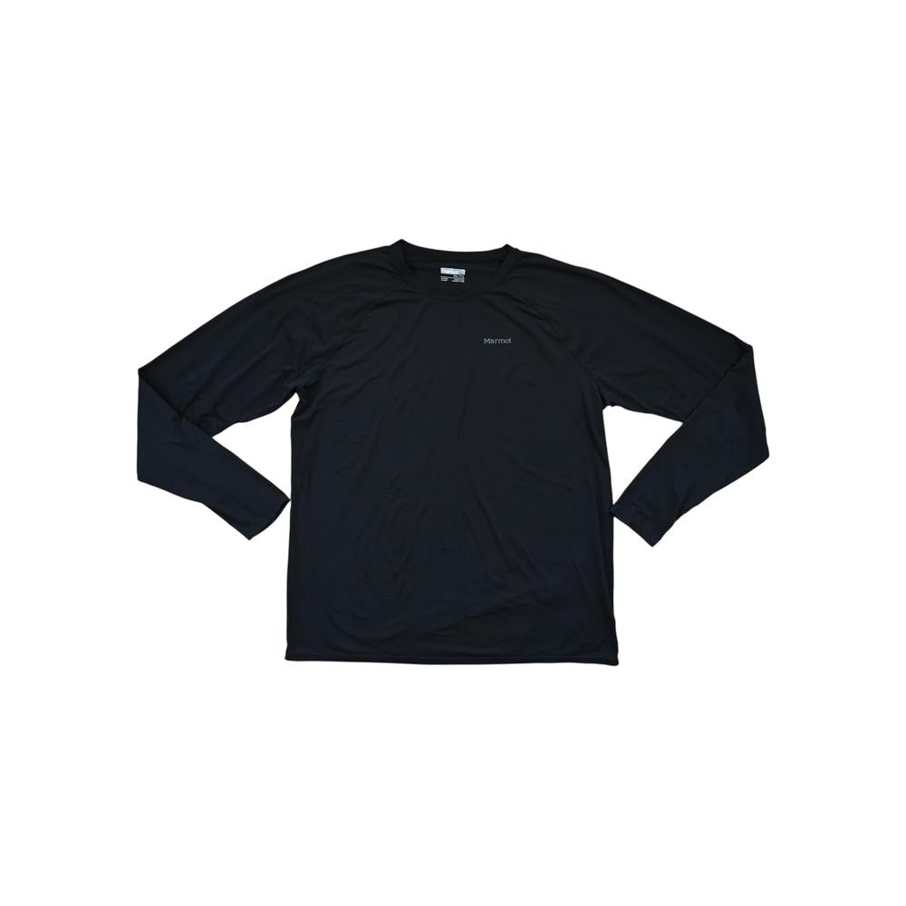 Black long-sleeve baselayer shirt by Marmot with a crew neck, shown laid flat.