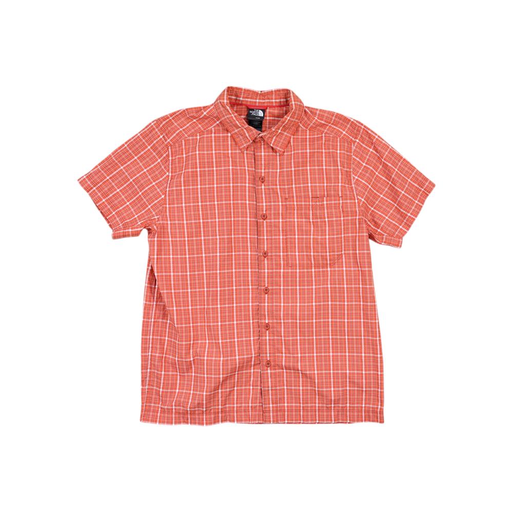 Orange button-down shirt for men by The North Face with a red and white plaid pattern.