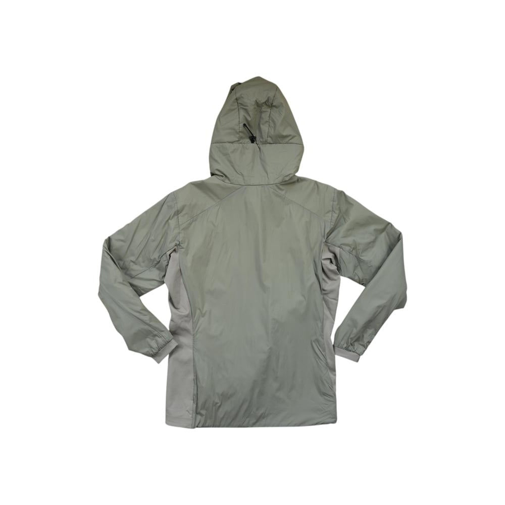 Tan hooded jacket by Arcteryx with long sleeves and a straight cut, as seen from the back.
