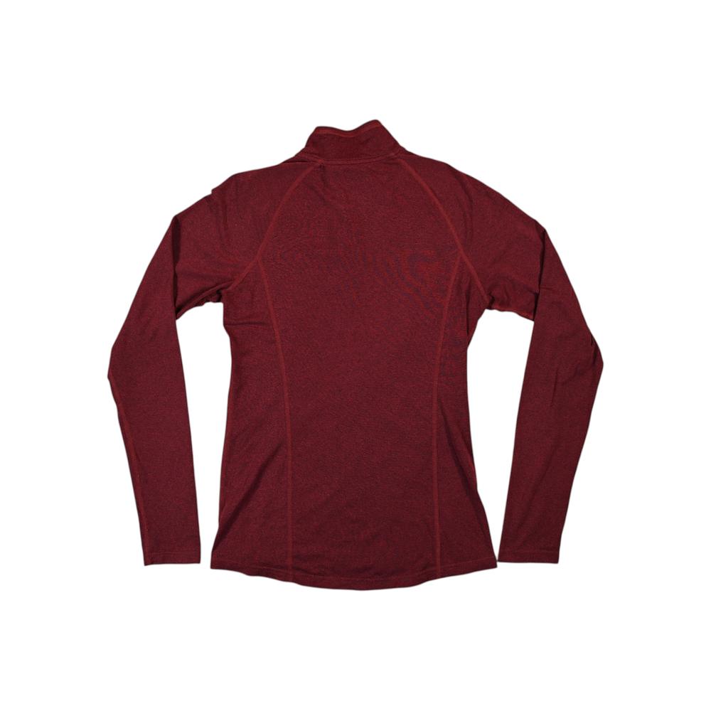 Red baselayer shirt with quarter zip by REI, shown in back view.